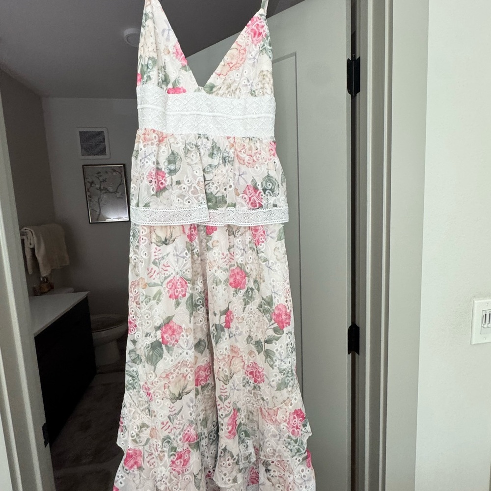 Floral Lace Maxi Dress - Pink and Green